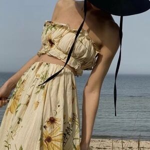 H&M Wildflower Draped Tube Top Gathered Cotton Floral Crop Blouse Trendy